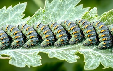 Closeup of Green Caterpillars on Leaf, Insect Macro Photography