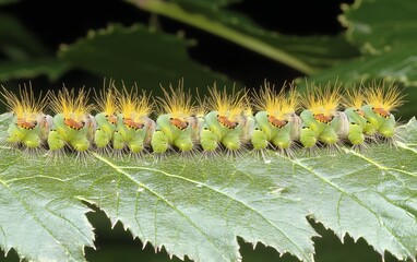 Fototapeta premium Vibrant Green Caterpillars with Yellow Hair on Leaf
