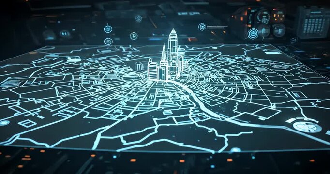 Powering up holographic city map in control hub, raising buildings and floating UI markers - Powered by Adobe
