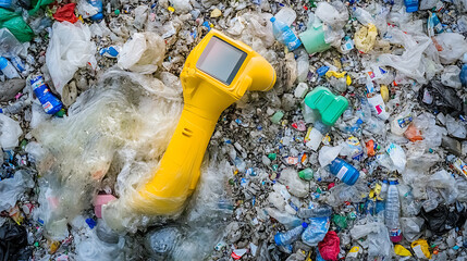 Yellow Device Amidst Pile of Plastic Waste