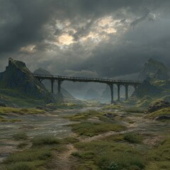 A weathered bridge spans a valley under a dramatic sky, connecting rugged peaks in a serene, yet ominous, landscape. Nature's beauty unveiled.