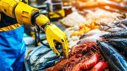Robotics in Seafood Handling: A Yellow Robotic Arm Selects Fresh Fish and Shellfish at a Market Stall