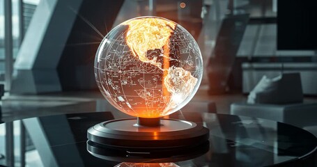 On start rotating holographic globe showing rising orange glow with schematic lines in demo room - Powered by Adobe