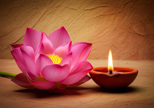A Pink Lotus flower and an oil lamp diya in the blur earthen texture background