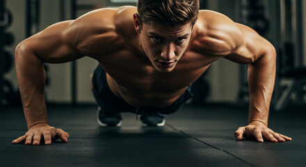 Person doing push-ups, close-up of arms and torso, gym floor visible