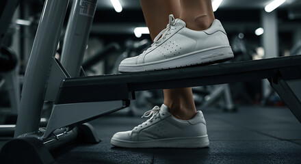 Close-up of sneakers stepping onto a stepper machine, gym lights glowing in the background