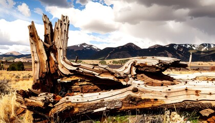 Weathered tree trunk in a grassy field with a mountain range under a dramatic, cloudy sky