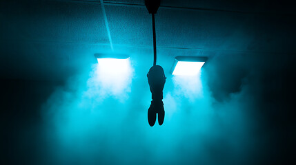 Silhouette of a Claw Hanging in Foggy, Blue-Lit Room