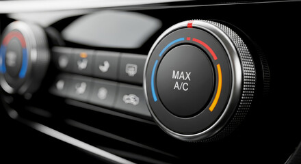 Modern car interior with focus on climate control dial for maximum air conditioning