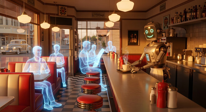 A vintage diner in a small American town, but the waitress is a retro-futuristic robot, serving synthetic coffee to holographic customers, cinematic golden hour _2
