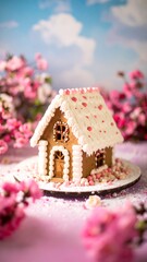 Gingerbread house in spring blossoms