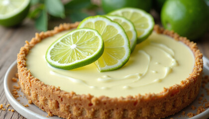 Delicious seasonal pie, a key lime pie with lime slices on top, is ready to eat. Seasonal pie on wooden table, refreshing and tasty, features fresh citrus fruit,