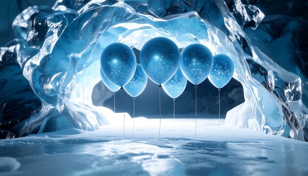 Balloons create a whimsical atmosphere inside a frosty ice cave during a winter celebration in a magical setting