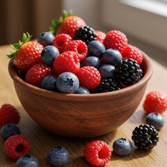 Red And Blue Berries In A Brown Bowl On Wooden Table