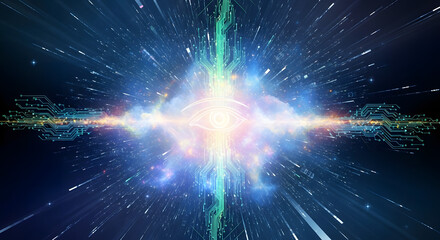 A vibrant, abstract digital painting depicting the birth of a sentient AI consciousness, bursting forth with light and intricate patterns, like a cosmic nebula _2