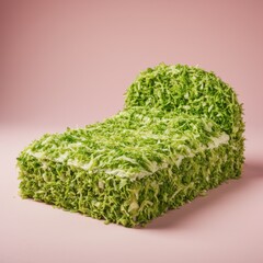 Green Cake Shaped Like a Miniature Bed on Pink Background