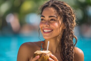 Woman with curly hair smiles while holding a coconut drink by the pool. Bright sunlight highlights her joyful expression in a lush tropical environment
