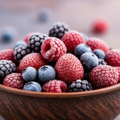 Closeup of Frozen Mixed Berries in a Brown Bowl