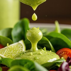 Closeup of Green Salad Dressing Pouring onto Fresh Greens