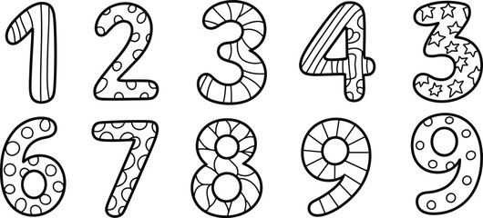 Hand-drawn playful numbers 1 to 9 vector illustration, creative doodle style, fun patterned digits, educational and decorative typography design for kids
