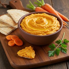 Orange Carrot Hummus with Pita Bread on Wooden Board