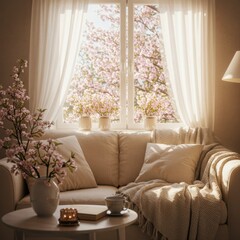 Bright Living Room with Beige Sofa and Spring Blossoms