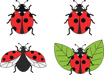 Set of cute ladybug illustrations, different poses including flying and sitting on leaves, colorful insect vector collection, nature themed, kids friendly design