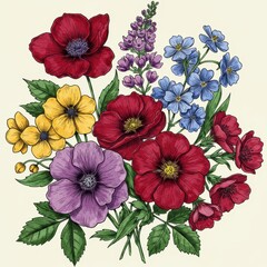 Vibrant Red and Purple Flower Bouquet Illustration