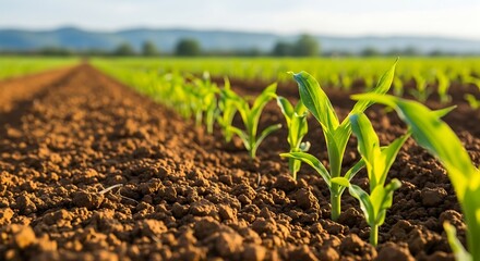 Young corn plants growing in a freshly plowed field