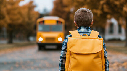 Young boy with yellow backpack waiting for school bus in autumn  