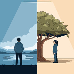 Two people stand under a tree divided by light and dark.