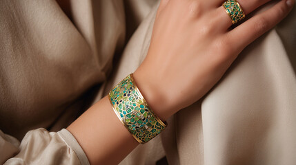 Elegant woman wearing gold jewelry with colorful gemstones on fabric  