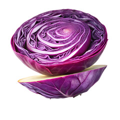 Obraz premium A halved purple cabbage revealing layered leaves and vibrant color patterns isolated on a transparent background