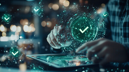 Hands Interacting with Tablet Surrounded by Glowing Digital Checkmarks and Abstract Light Effects