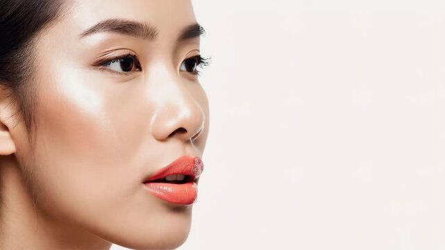 Close-up of an Asian Woman's Face with Glowing Skin and Red Lips Highlighting Beauty Makeup. Woman talking. Image made using Generative AI