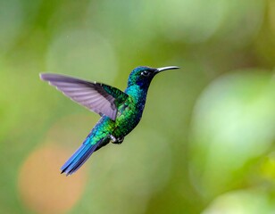 Fototapeta premium Vibrant hummingbird in flight against a bokeh background of greenery