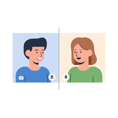 Fototapeta premium Two people communicate via video call on a white background.