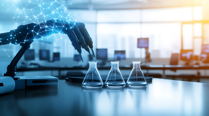 Robotic Arm Conducts Precision Experiment with Beakers in a High-Tech Laboratory Setting