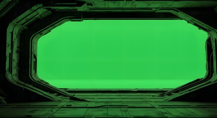 Obraz premium Futuristic Spaceship Corridor with Green Screen Background: A Sci-Fi Interior Design Concept
