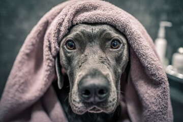 A dog with dark fur looks curiously at the camera while wrapped in a soft towel after having a bath. The setting is a clean pet grooming area with grooming supplies visible