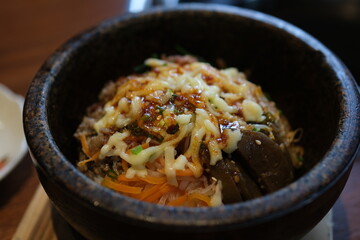 Fried rice with fresh pork and pepper sauce, traditional food in korea, made by yourself