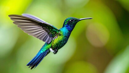 Fototapeta premium Vibrant hummingbird in flight against a bokeh background