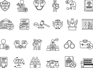 Justice Icon Set. Vector Illustrations Law, Court, Sentence, Lawyer, Legal, Prison, Judge, Criminal, Arrest, Human Rights, Authority, Court Warrant, and Others