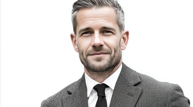 Professional Businessman Portrait: Confident Gray-Haired Leader in Suit and Tie on White Background