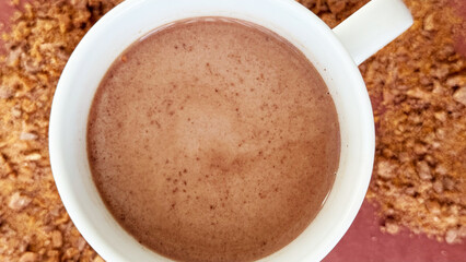 Close Up Hot Chocolate In White Mug With Crunchy Crumble On Pink Background — Texture Mockup And Copy Space