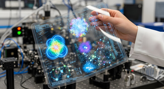 A photorealistic close-up of a human hand holding a transparent, flexible tablet displaying complex quantum data visualizations in a university lab setting _1