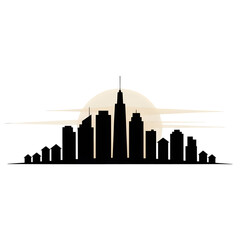 Fototapeta premium Minimalist black silhouette illustration of a modern city skyline against a sun, a vector graphic for urban and corporate design concepts