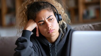Curly girl student in headphones with sad expression. Young woman using laptop for online learning and exam preparation. Modern technology and online education concept - Powered by Adobe