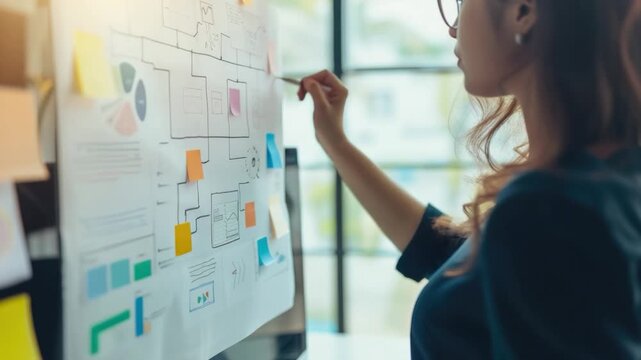 A woman reviewing notes on a white board, great for academic or office settings