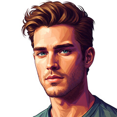 Bold pop art style portrait of a handsome young man with intense blue eyes, a charismatic and confident gaze